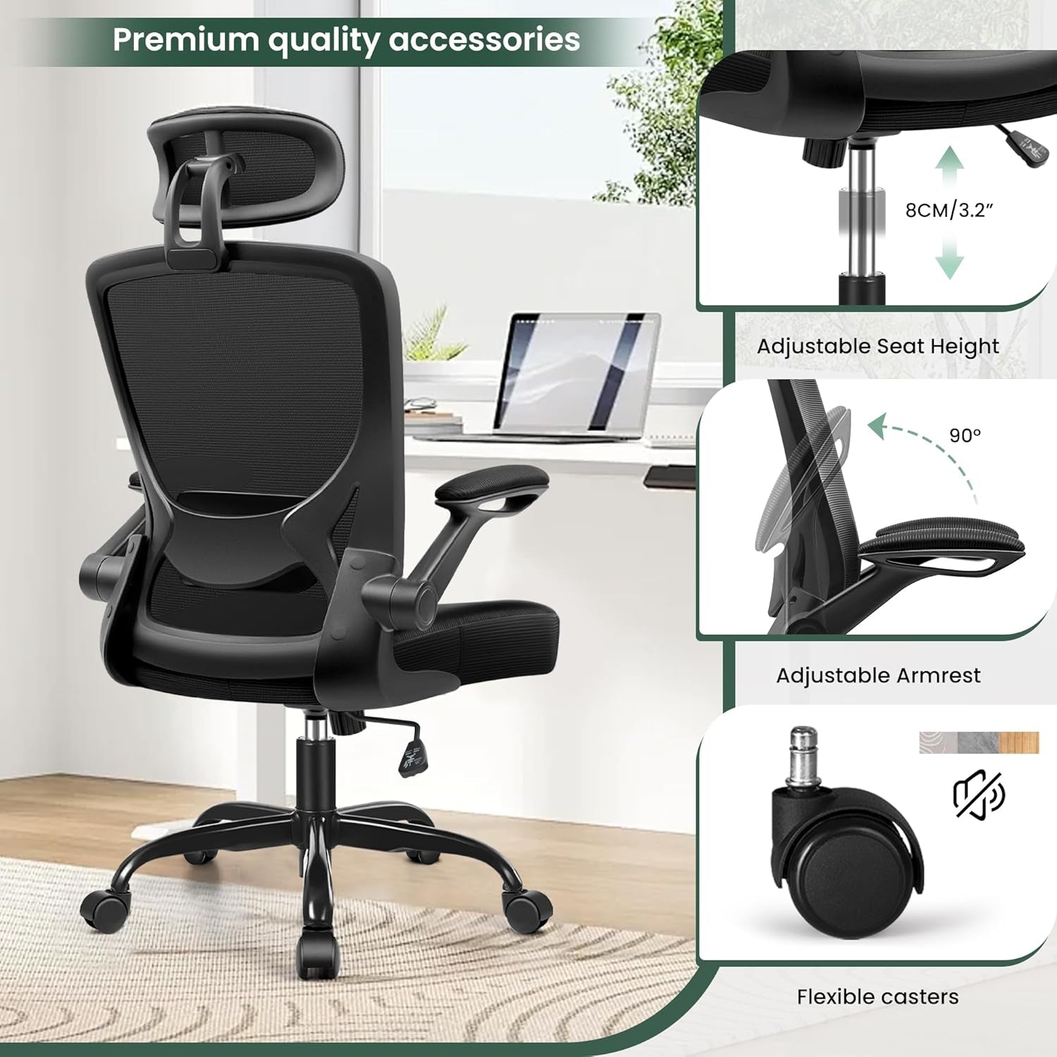 Ergonomic Office Chair, Breathable Mesh Desk Chair with Headrest and Flip-Up Arms for Office,Gaming,Computer Lumbar Support Swivel Task Chair, Adjustable Height,Black