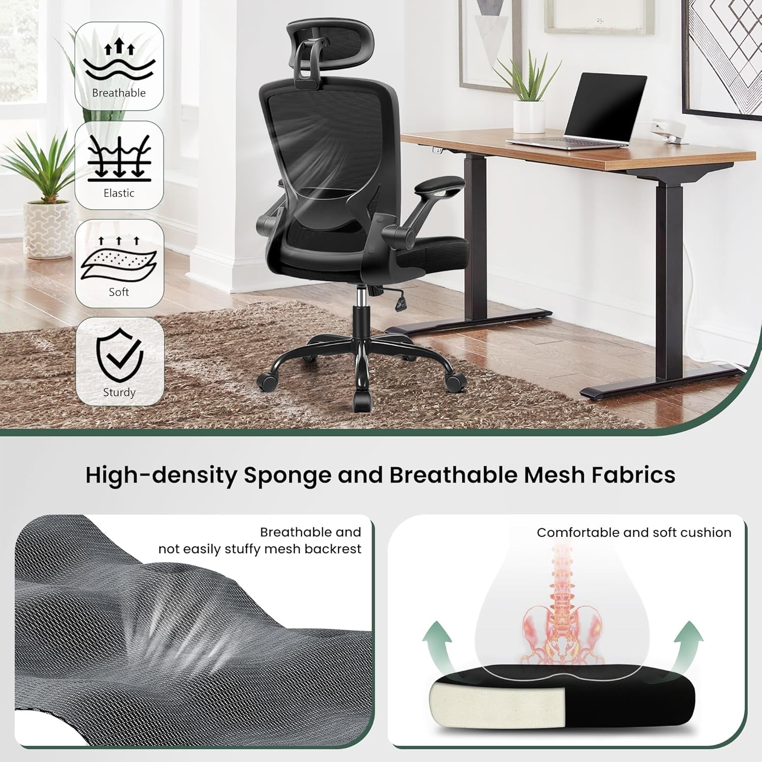 Ergonomic Office Chair, Breathable Mesh Desk Chair with Headrest and Flip-Up Arms for Office,Gaming,Computer Lumbar Support Swivel Task Chair, Adjustable Height,Black