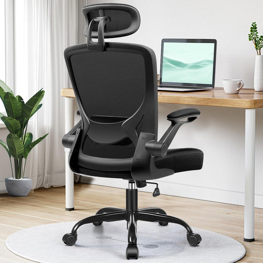 Ergonomic Office Chair, Breathable Mesh Desk Chair with Headrest and Flip-Up Arms for Office,Gaming,Computer Lumbar Support Swivel Task Chair, Adjustable Height,Black