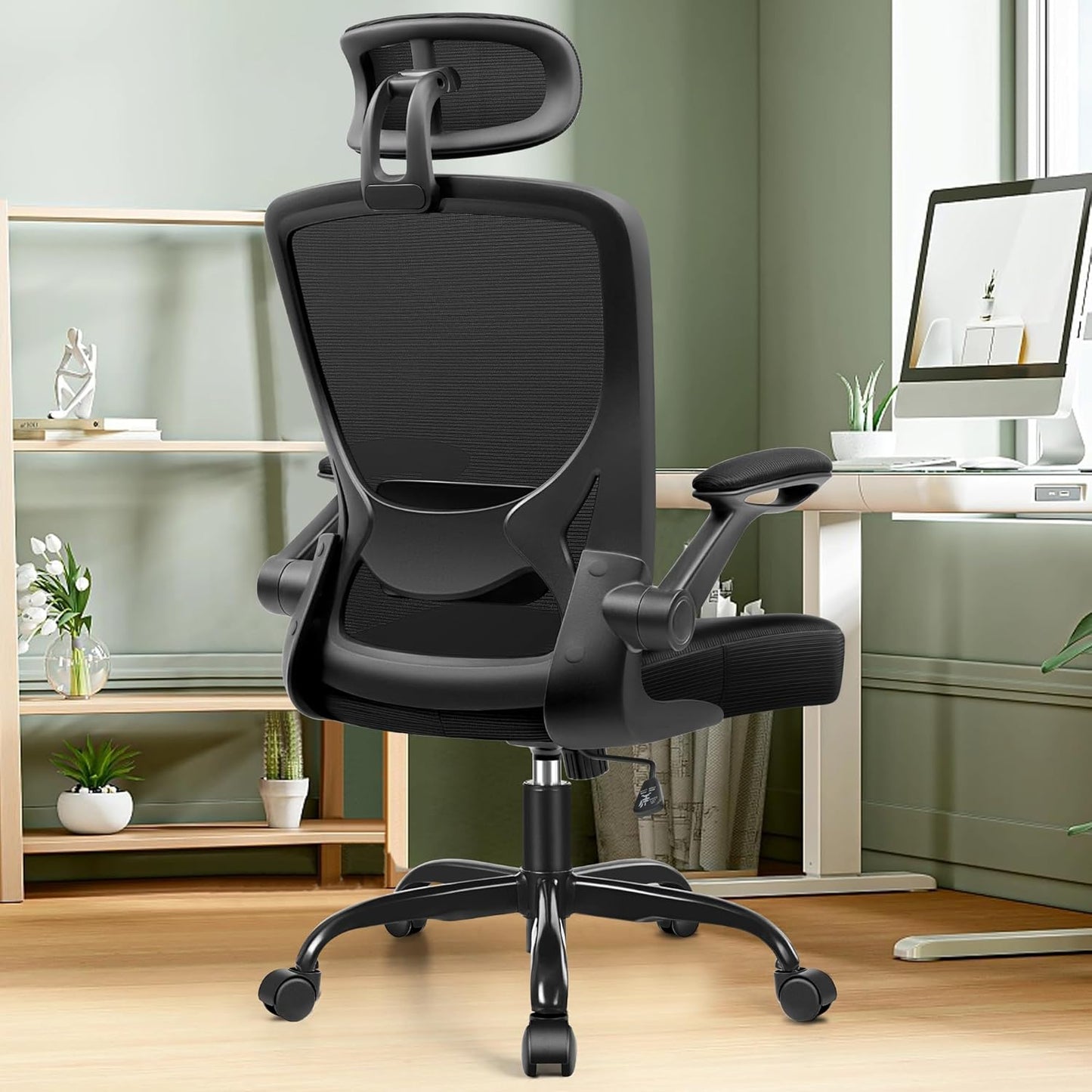 Ergonomic Office Chair, Breathable Mesh Desk Chair with Headrest and Flip-Up Arms for Office,Gaming,Computer Lumbar Support Swivel Task Chair, Adjustable Height,Black