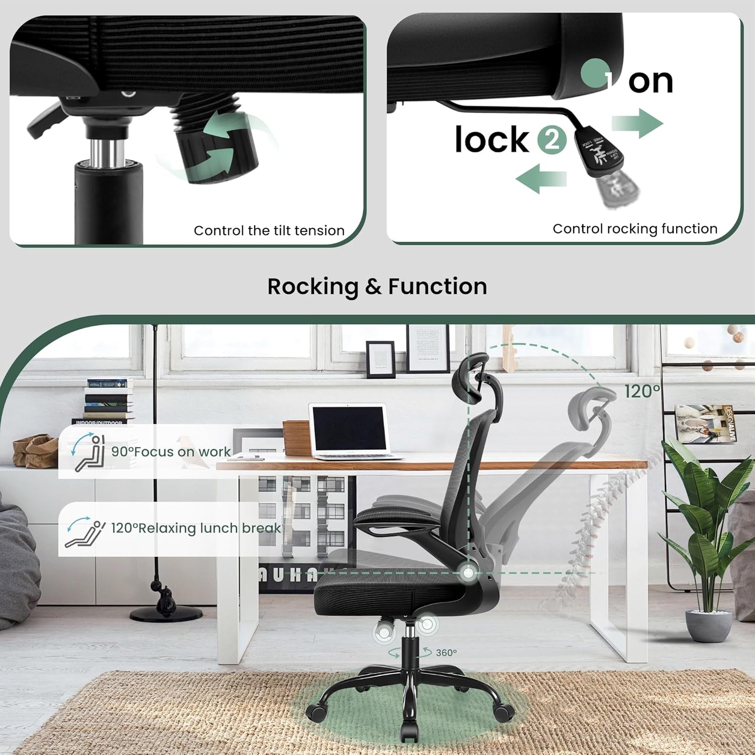 Ergonomic Office Chair, Breathable Mesh Desk Chair with Headrest and Flip-Up Arms for Office,Gaming,Computer Lumbar Support Swivel Task Chair, Adjustable Height,Black