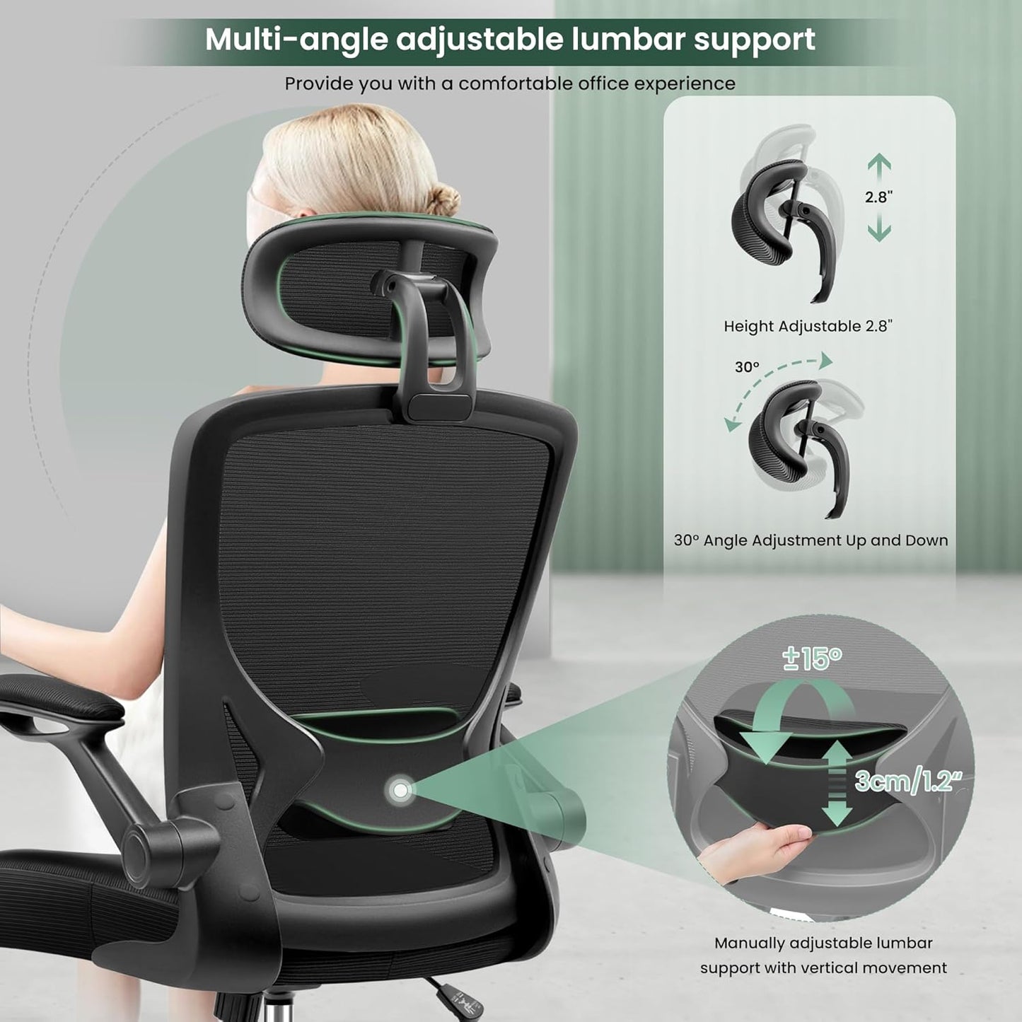 Ergonomic Office Chair, Breathable Mesh Desk Chair with Headrest and Flip-Up Arms for Office,Gaming,Computer Lumbar Support Swivel Task Chair, Adjustable Height,Black