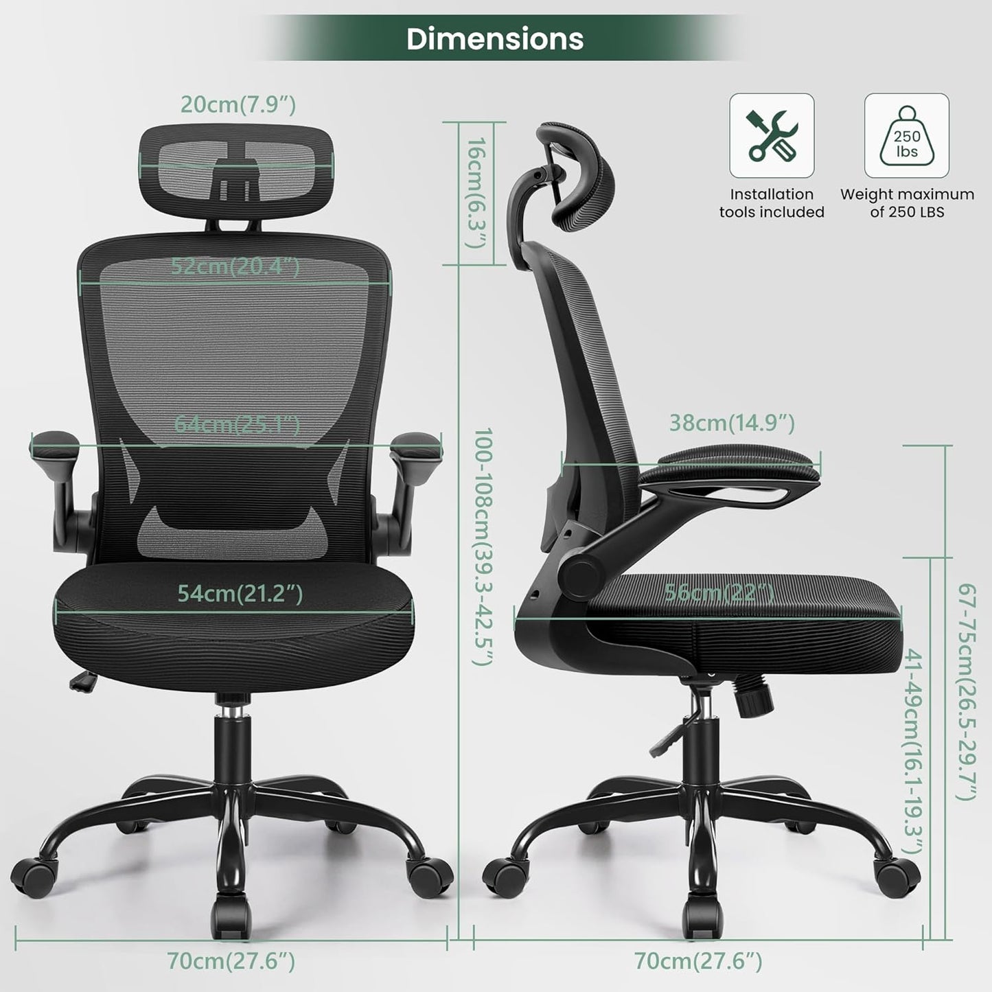 Ergonomic Office Chair, Breathable Mesh Desk Chair with Headrest and Flip-Up Arms for Office,Gaming,Computer Lumbar Support Swivel Task Chair, Adjustable Height,Black
