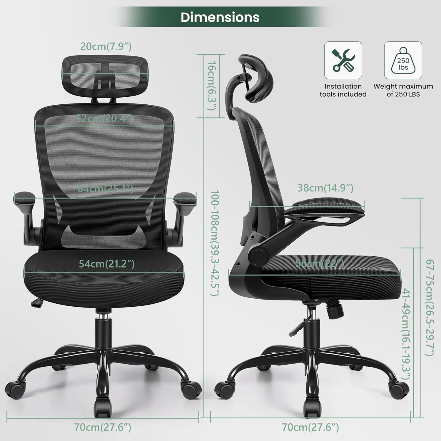 Ergonomic Office Chair, Breathable Mesh Desk Chair with Headrest and Flip-Up Arms for Office,Gaming,Computer Lumbar Support Swivel Task Chair, Adjustable Height,Black