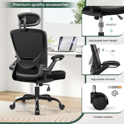 Ergonomic Office Chair, Breathable Mesh Desk Chair with Headrest and Flip-Up Arms for Office,Gaming,Computer Lumbar Support Swivel Task Chair, Adjustable Height,Black