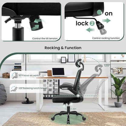 Ergonomic Office Chair, Breathable Mesh Desk Chair with Headrest and Flip-Up Arms for Office,Gaming,Computer Lumbar Support Swivel Task Chair, Adjustable Height,Black